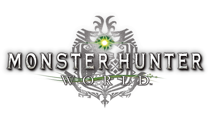the logo for Monster Hunter: World. it is the title of the game overtop of a light grey, intricate crest with a green light emanating from inside of it